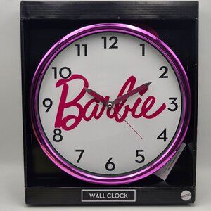 Barbie Pink Script Chrome 12 Inch Round Wall Clock Mattel New In Box